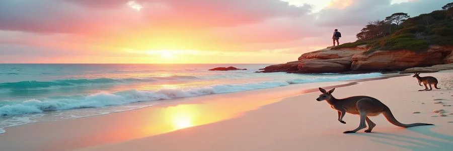 Sunset on an Australian beach with kangaroos on the sand and waves rolling in