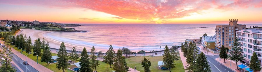 Coogee Beach at sunset with pink skies, calm bay waters, and foreshore lined with buildings.