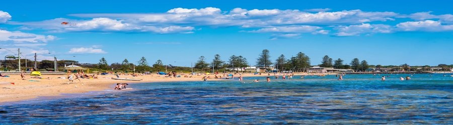 People swimming and relaxing along Elwood Beach in Melbourne.