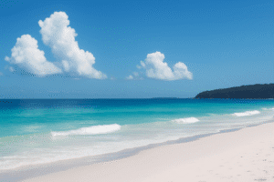 Turquoise water and white sand beach in Australia with gentle waves and blue sky