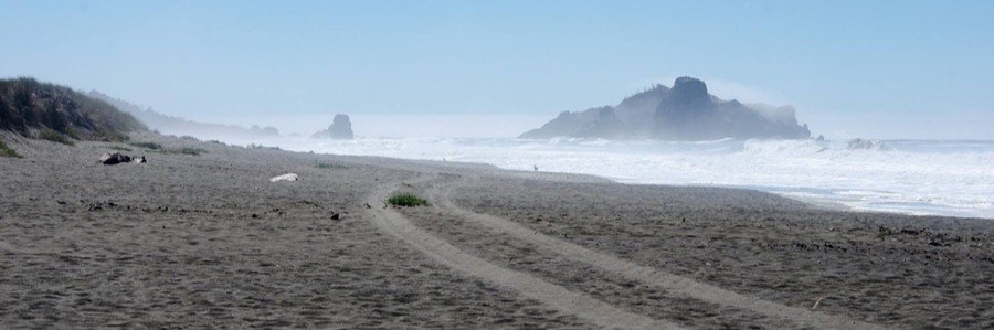 Clifford Kamph Memorial Park in Del Norte County, California, with a wide dark sand beach, ocean mist, and offshore sea stacks along the coast