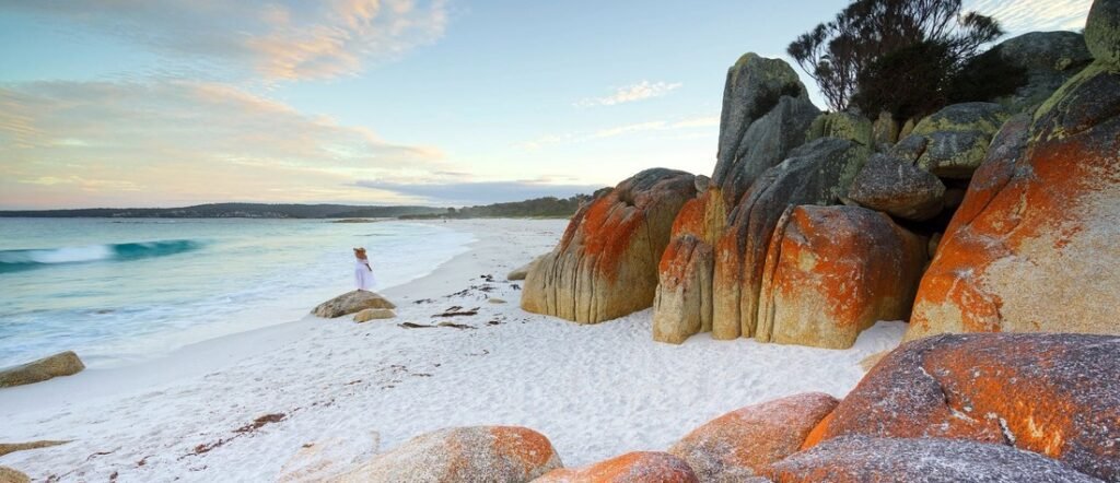 Tasmania beaches with white sand, turquoise water, and orange lichen boulders along the coastline