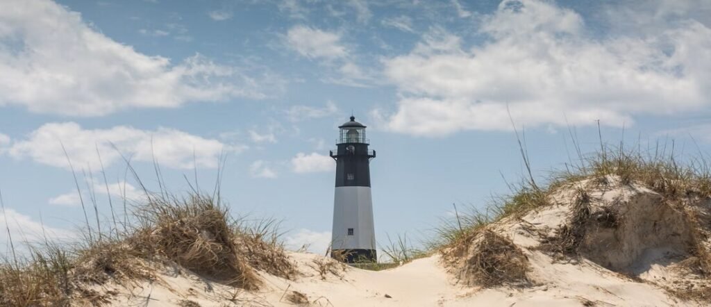 Tybee Island Lighthouse on Georgia Beaches surrounded by dunes and bright sky.