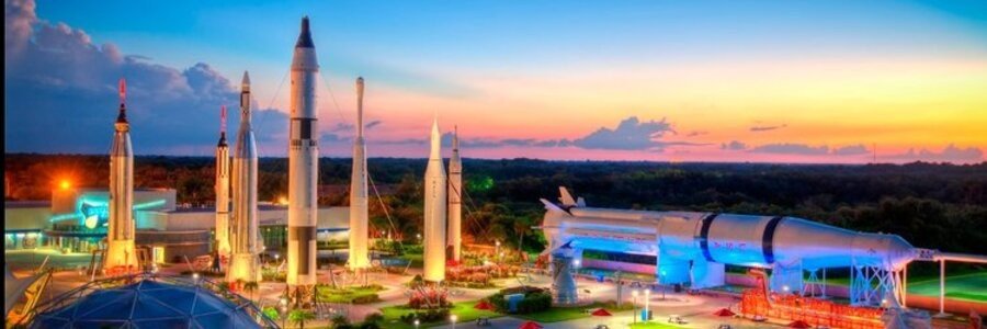Historic rockets and spacecraft displayed at Kennedy Space Center Visitor Complex in Florida.