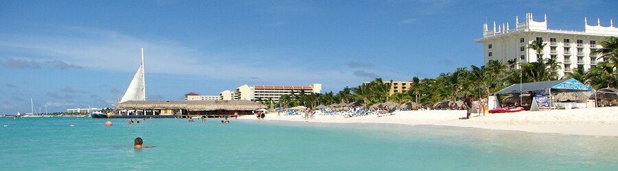 Palm Beach Aruba with high-rise resorts, soft sand, and calm turquoise water