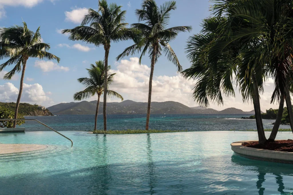 Infinity pool at The Ritz-Carlton St thomas with palm trees and ocean views overlooking nearby islands