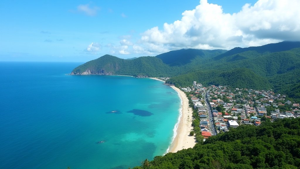 The Best Trinidad Review, Aerial photo of Trinidad showing a vibrant coastline, palm trees, and colorful buildings under a bright blue sky.
