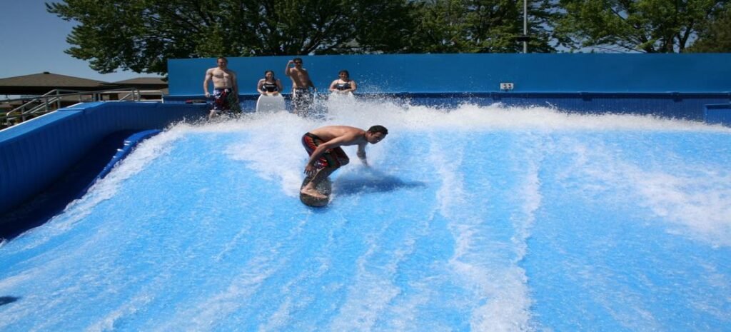 Man bodyboarding during a Flowrider surfing session on a yellow board.