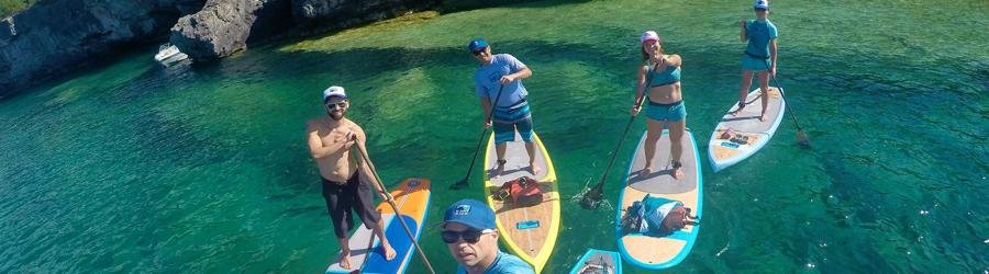Best stand-up paddleboarding banner – friends paddling together in crystal-clear tropical waters