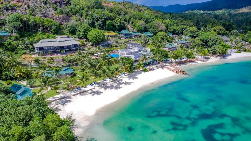 Hotel L’Archipel beachfront aerial view on Praslin Island Seychelles
