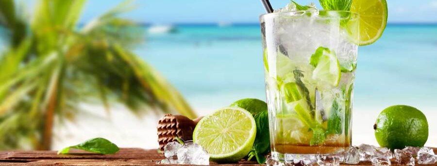cuban mojito cocktail with lime and mint near the beach in Cayo Largo Cuba