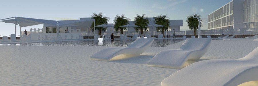 A modern minimalist 3D concept render of the white poolside lounge and sunbeds at Hotel Blanco Formentera.