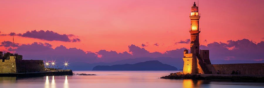 Venetian Lighthouse in Chania near Crete Beaches at sunset