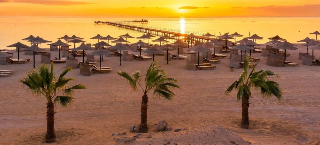 Sunrise over the beach in Marsa Alam, Egypt, with palm trees, sun loungers, umbrellas, and a long pier stretching into the Red Sea.