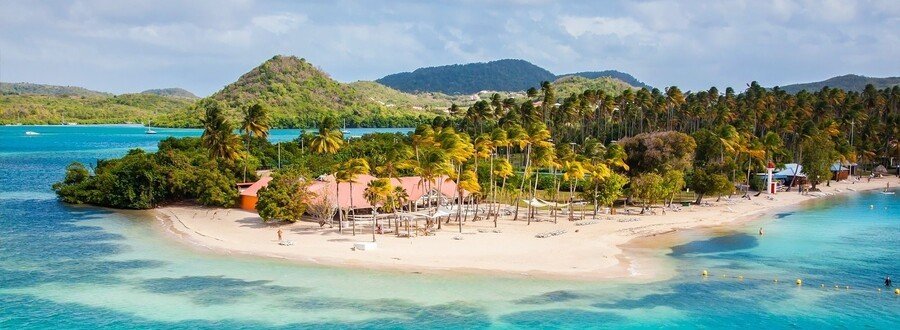 Coastal lagoon beach in Martinique with palm trees, turquoise water, and tropical hills in the background