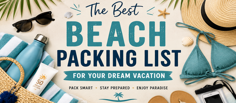 Beach packing list essentials featuring a beach bag, sunscreen, sunglasses, flip-flops, passport, toiletries, and travel accessories arranged on a tropical flat lay.