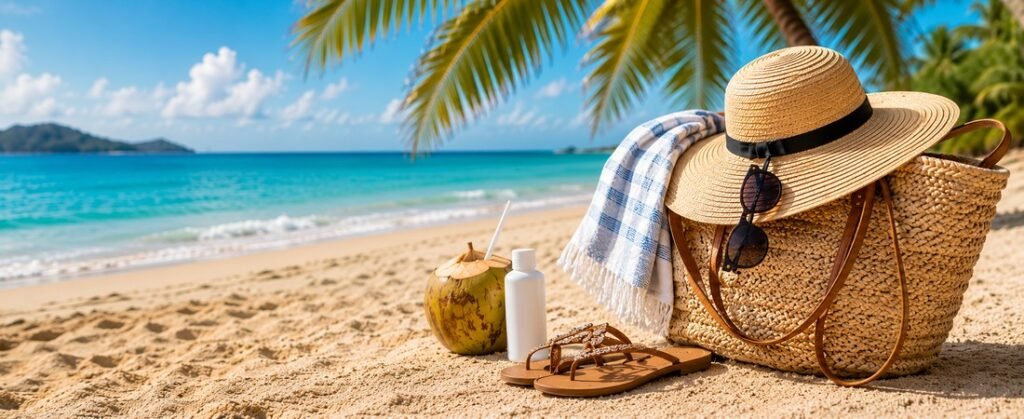 Beach vacation essentials including a straw hat, beach bag, flip flops, sunglasses, sunscreen, and a coconut on a tropical beach.