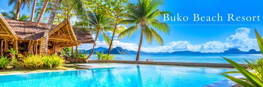 Buko Beach Resort in El Nido, featuring a turquoise infinity pool, traditional bamboo pavilion, tropical palm trees, and ocean views.