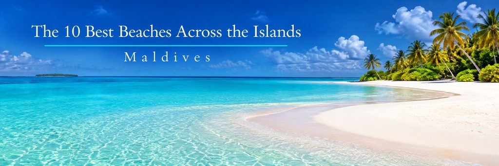 Dreamy tropical beach with powdery white sand, crystal-clear turquoise water, swaying palm trees, and a brilliant blue sky.