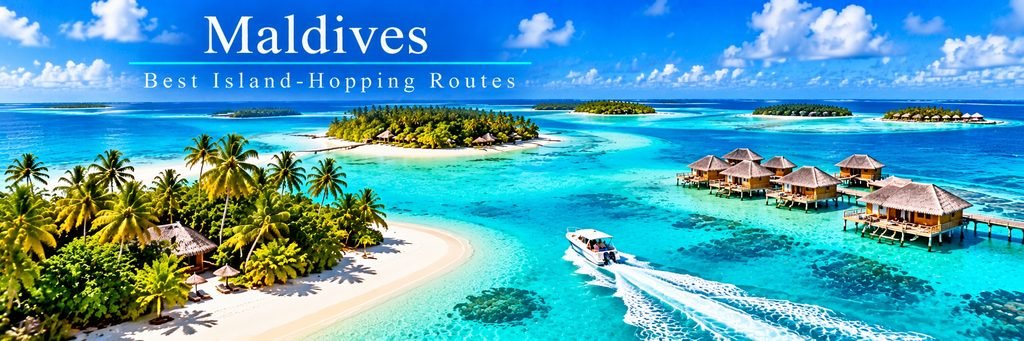 Aerial view of a speedboat cruising through crystal-clear turquoise lagoons between palm-covered islands, white-sand beaches, and overwater villas.