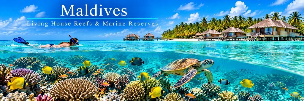 Sea turtle swimming above colorful coral reefs filled with tropical fish as a snorkeler explores clear turquoise waters near a palm-lined island.