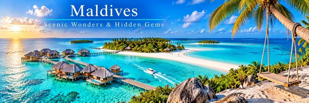Panoramic view of secluded tropical islands, winding white-sand sandbanks, turquoise lagoons, overwater villas, and a speedboat cruising through clear waters.