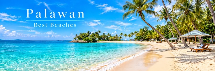 Beautiful tropical beach with turquoise waters, golden sand, swaying palm trees, and beach loungers beneath a bright blue sky in Palawan.