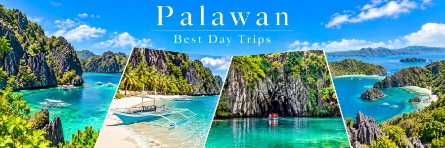Tropical collage featuring turquoise lagoons, white-sand beaches, limestone cliffs, traditional outrigger boats, and lush island scenery.