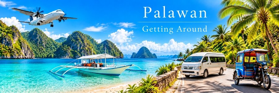 Palawan transportation collage featuring a propeller airplane, traditional outrigger boat, passenger van, and colorful motorized tricycle along a tropical coastline.