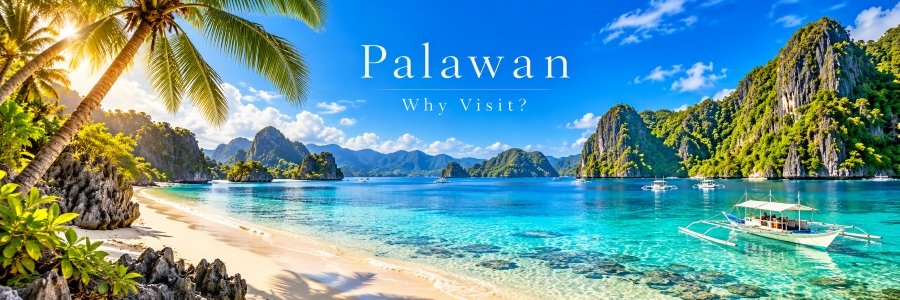 Beautiful Palawan beach with turquoise waters, limestone cliffs, palm trees, and a traditional outrigger boat beneath a bright blue sky.