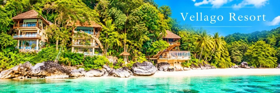 Vellago Resort in El Nido, Palawan, with hillside villas, thatched roofs, lush tropical greenery, white sand, and turquoise waters.