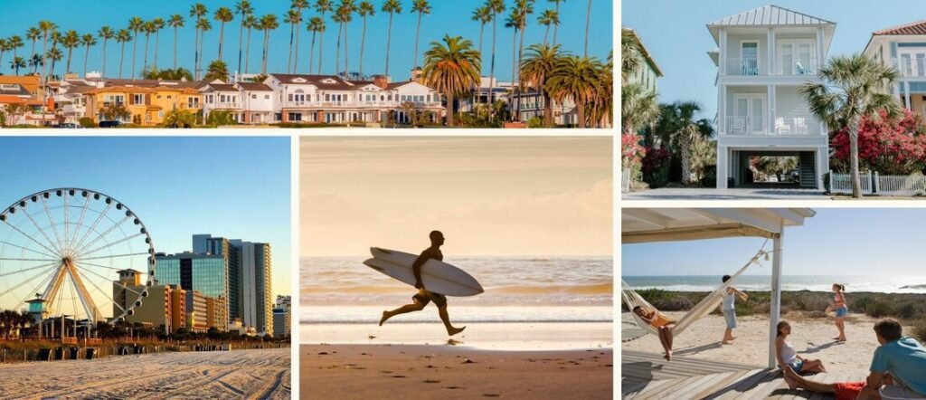 Collage of top U.S. beach towns featuring waterfront homes, a surfer at sunrise, a seaside Ferris wheel, coastal houses, and families relaxing by the ocean.