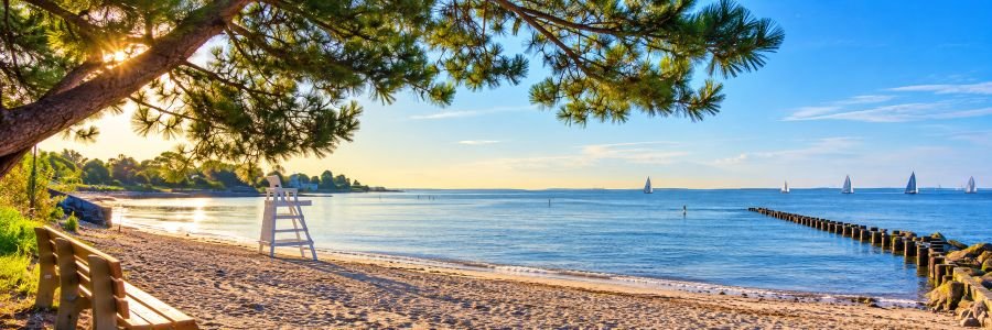 Burying Hill Beach, one of the peaceful Westport Beaches in Connecticut, featuring a sandy shoreline, shady pine tree, wooden bench, and calm waters of Long Island Sound.