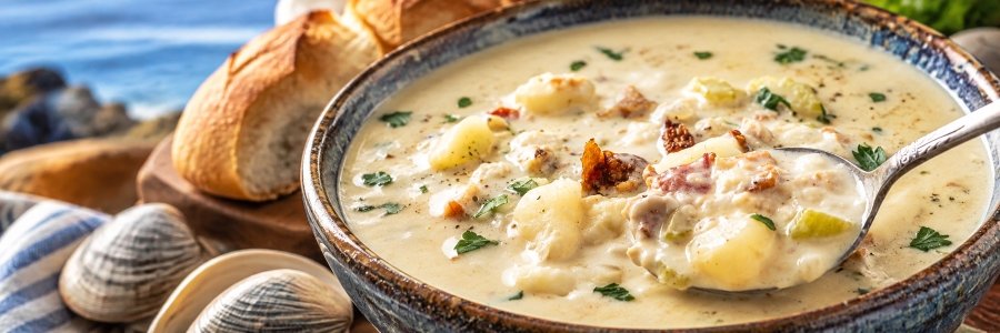 Traditional New England clam chowder served along the East Coast, featuring creamy broth, tender clams, potatoes, fresh herbs, and crusty bread.