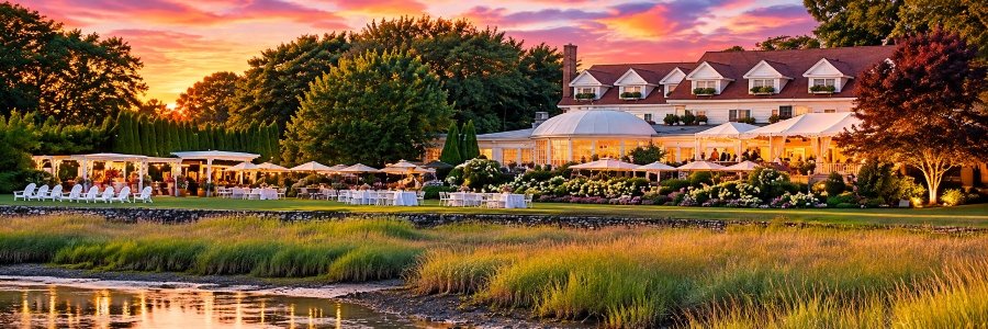 Beautiful waterfront inn at sunset featuring golden marsh grasses, a white coastal mansion, elegant outdoor dining areas, and vibrant pink and orange skies.