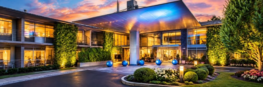 Modern luxury boutique hotel at sunset featuring a dramatic blue entrance canopy, glowing windows, elegant landscaping, and colorful evening skies.