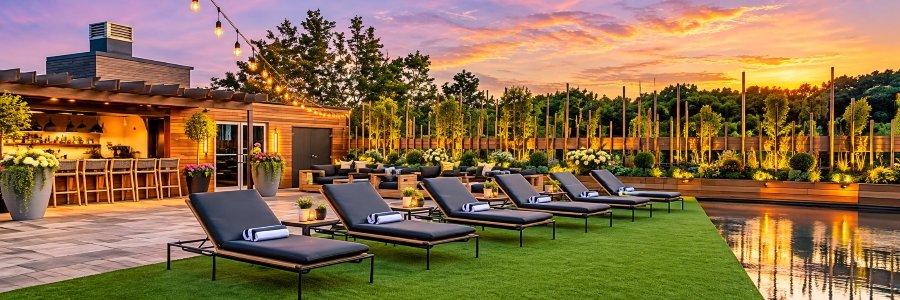 Elegant outdoor hotel terrace at sunset featuring comfortable lounge chairs, a stylish bar, glowing string lights, lush greenery, and colorful evening skies.