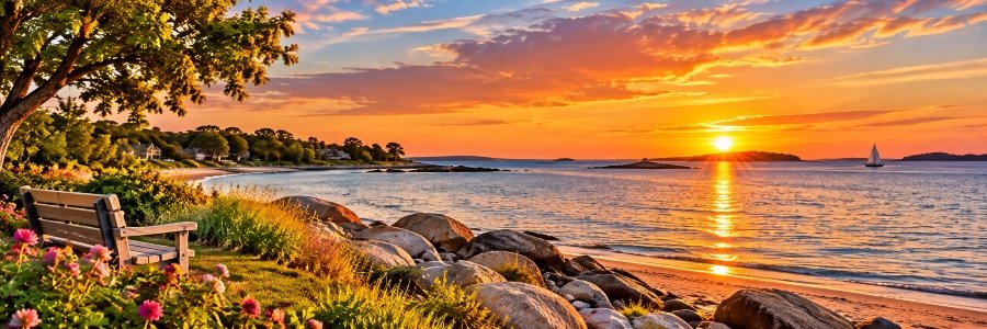 Beautiful sunset over Westport Beaches along Long Island Sound, featuring a peaceful sandy shoreline, coastal rocks, a wooden bench, and a sailboat on the water.