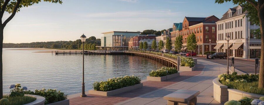 Westport Connecticut downtown waterfront riverwalk with coastal buildings and scenic harbor views