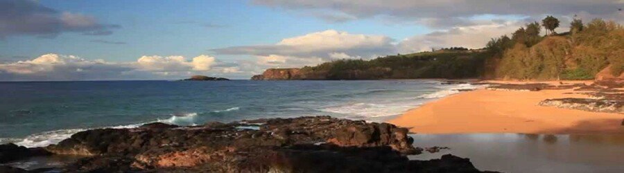 Secluded Kauapea Secret Beach in Kauai with golden sand, rocky shoreline, and lush coastal cliffs.