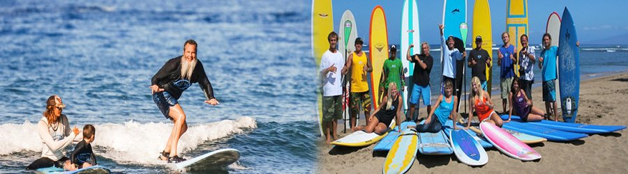 Beginner surfers taking a surfing lesson in Maui with instructors and colorful surfboards.