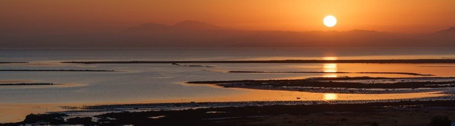 Sunset over California baylands with glowing water channels and distant mountains.