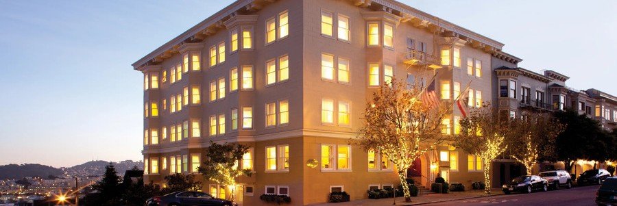 Hotel Drisco boutique hotel in San Francisco's Pacific Heights neighborhood at dusk.