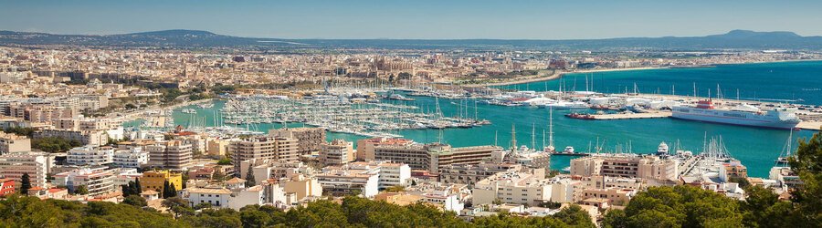 Panoramic view of Palma de Mallorca’s marina with boats, turquoise water, and the cityscape in the background.