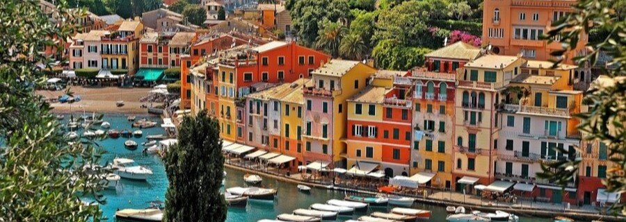 Colorful buildings lining Portofino harbor with boats in the water