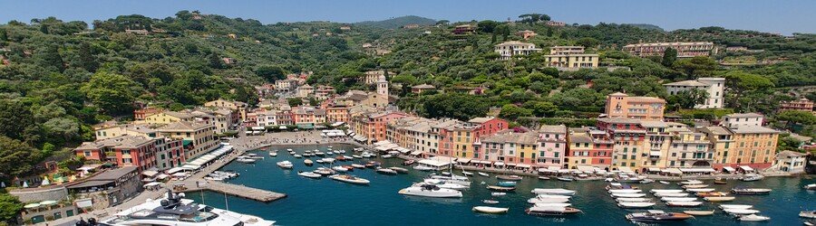 Scenic view of Portofino Port harbor framed by lush Mediterranean greenery and purple flowers, with colorful buildings and boats in the background.