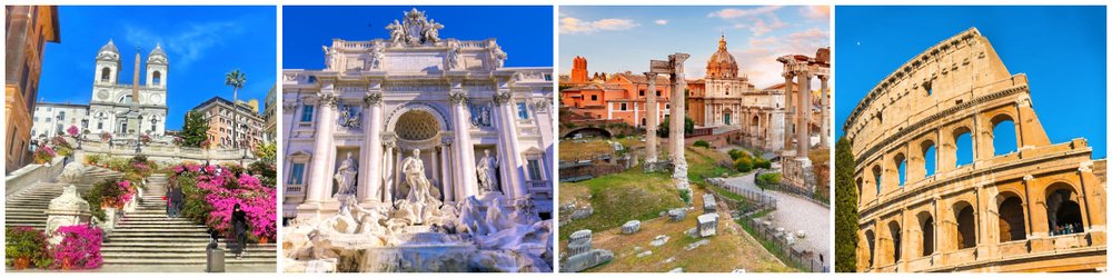 Rome landmarks collage including Colosseum Trevi Fountain Roman Forum and Spanish Steps