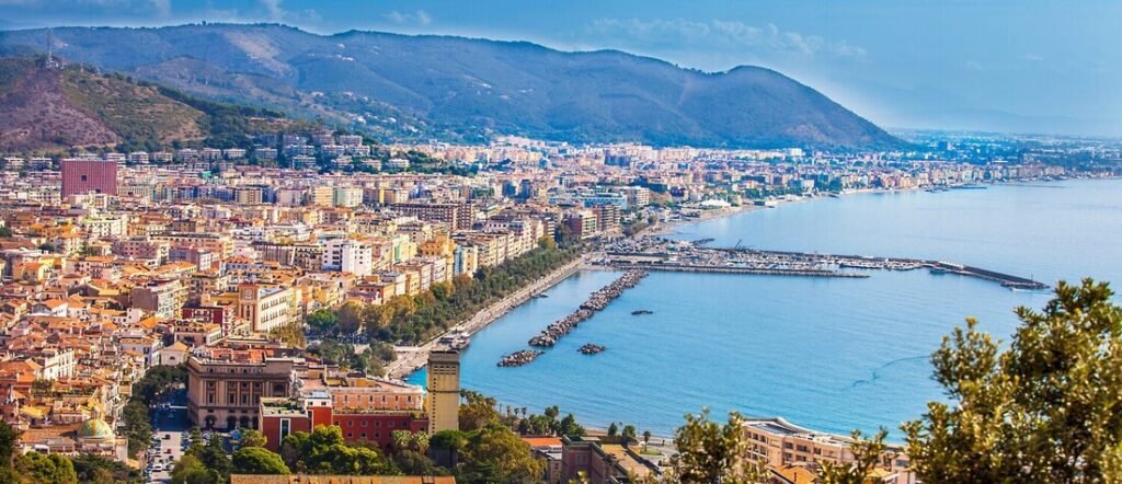 panoramic view of Salerno city and harbor along the coastline