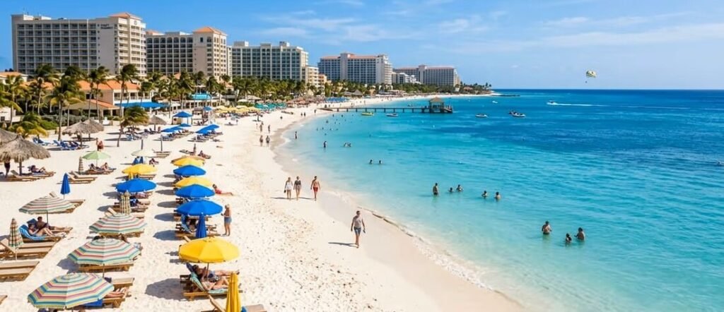 Wide daytime view of tourists swimming and relaxing along the crowded resort coastline of Palm Beach ArubaImage Title: Palm Beach Aruba Resorts Panorama