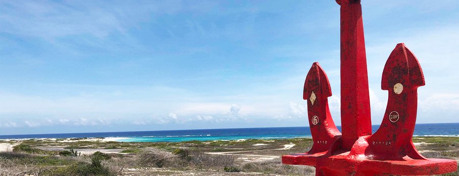 Large red anchor monument standing on a rocky coastal hill overlooking the blue ocean in Aruba